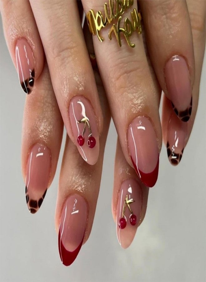 Maigitur Medium Press on Nails Almond Fake Nails with 5D Cherry Charm Design Glossy Dark Red French Tip Nails Press Ons Brown Leopard Glue on Nails Reusable Full Cover Pink Stick on Nails for Women 24Pcs - Image 1